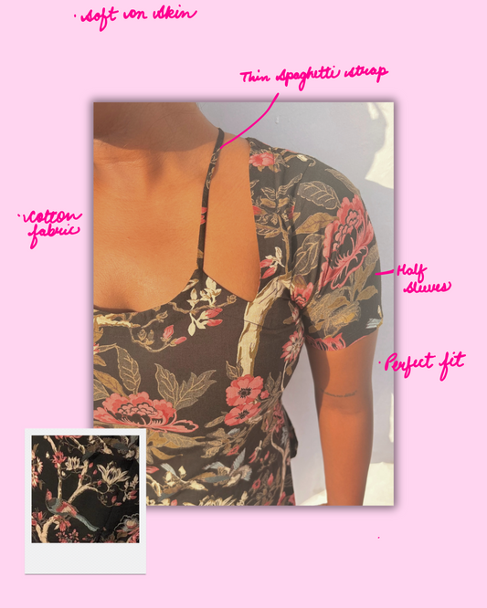 Tamasvi – Black Floral Corset-Back Cotton Kurti