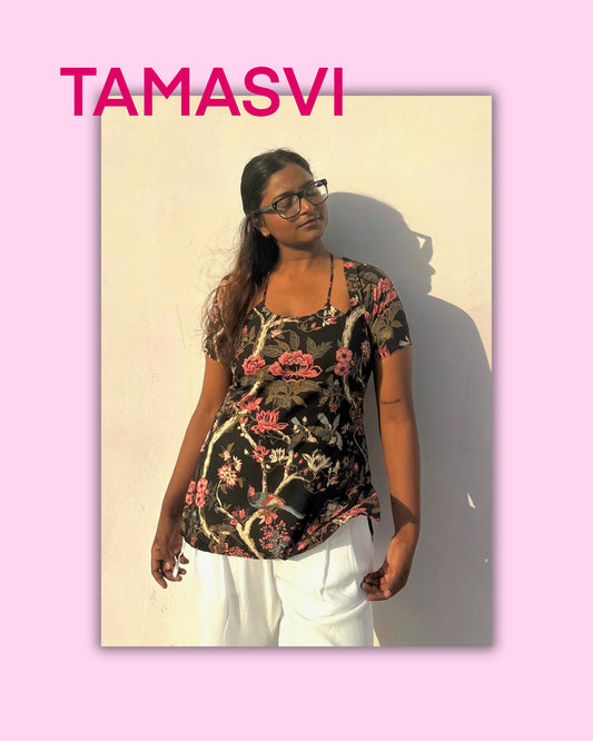 Tamasvi – Black Floral Corset-Back Cotton Kurti