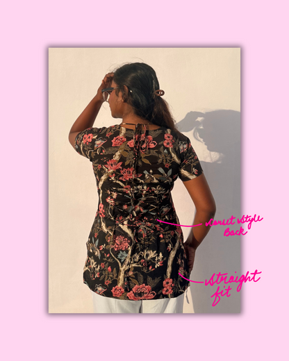 Tamasvi – Black Floral Corset-Back Cotton Kurti